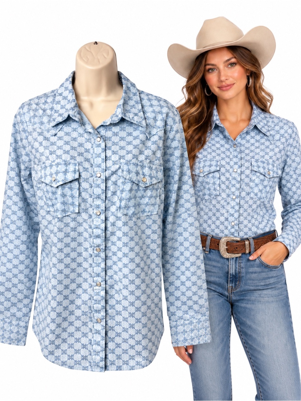 Wrangler Women’s Western Pearl Snap Floral Shirt Blue White Westerncore Medium